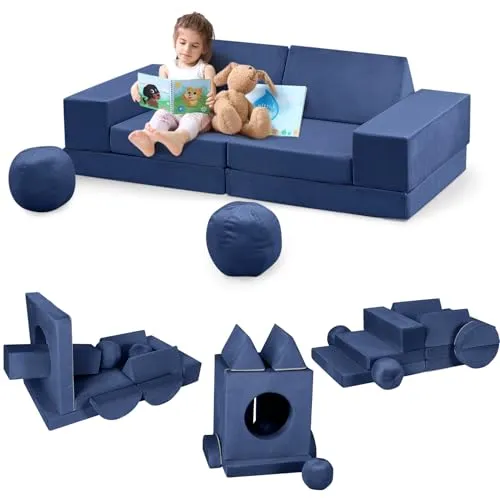 GARVEE Kids Couch, 12 Pcs Nugget Couch Kids Sofa for Playroom, Toddler Sofa Moudlar Kids Play Couch, Child Sectional Sofa Convertible Foam Couch for Boys and Girls, Navy