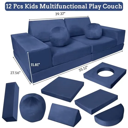 GARVEE Kids Couch, 12 Pcs Nugget Couch Kids Sofa for Playroom, Toddler Sofa Moudlar Kids Play Couch, Child Sectional Sofa Convertible Foam Couch for Boys and Girls, Navy