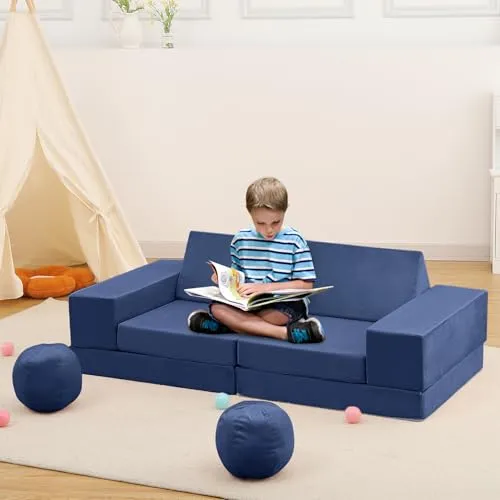 GARVEE Kids Couch, 12 Pcs Nugget Couch Kids Sofa for Playroom, Toddler Sofa Moudlar Kids Play Couch, Child Sectional Sofa Convertible Foam Couch for Boys and Girls, Navy