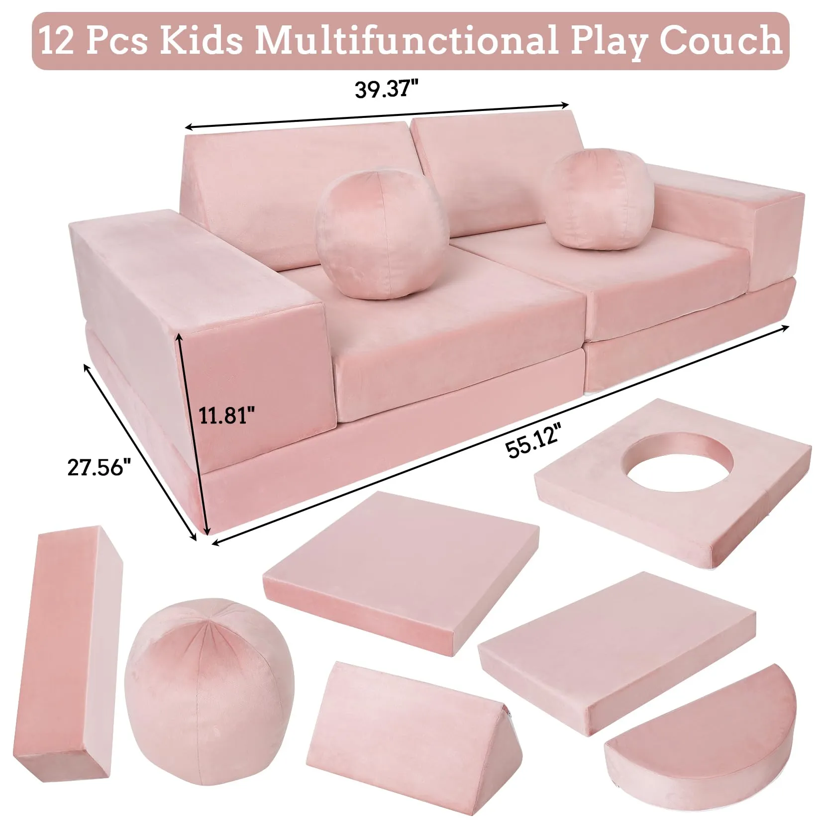 GARVEE Kids Couch, 12 Pcs Nugget Couch Kids Sofa for Playroom, Toddler Sofa Moudlar Kids Play Couch, Child Sectional Sofa Convertible Foam Couch for Boys and Girls, Pink