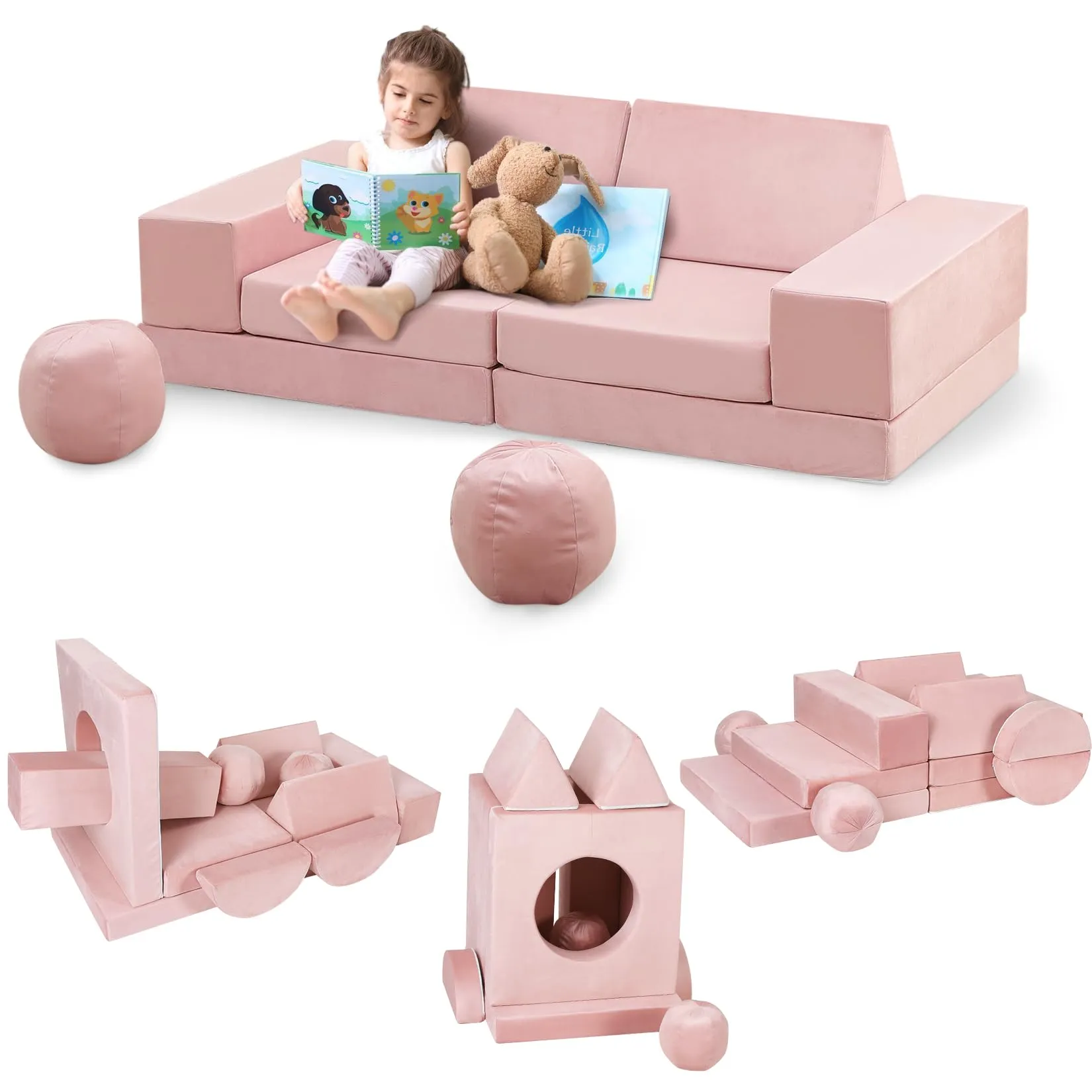 GARVEE Kids Couch, 12 Pcs Nugget Couch Kids Sofa for Playroom, Toddler Sofa Moudlar Kids Play Couch, Child Sectional Sofa Convertible Foam Couch for Boys and Girls, Pink