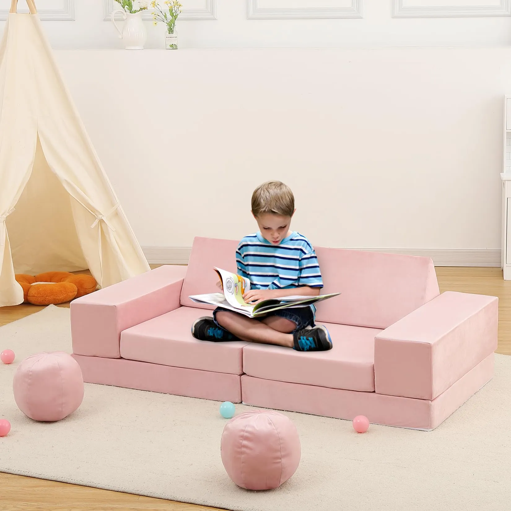 GARVEE Kids Couch, 12 Pcs Nugget Couch Kids Sofa for Playroom, Toddler Sofa Moudlar Kids Play Couch, Child Sectional Sofa Convertible Foam Couch for Boys and Girls, Pink