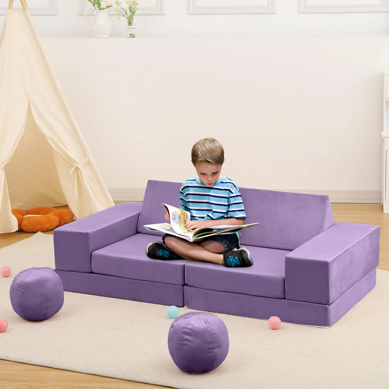 GARVEE Kids Couch, 12 Pcs Nugget Couch Kids Sofa for Playroom, Toddler Sofa Moudlar Kids Play Couch, Child Sectional Sofa Convertible Foam Couch for Boys and Girls, Purple