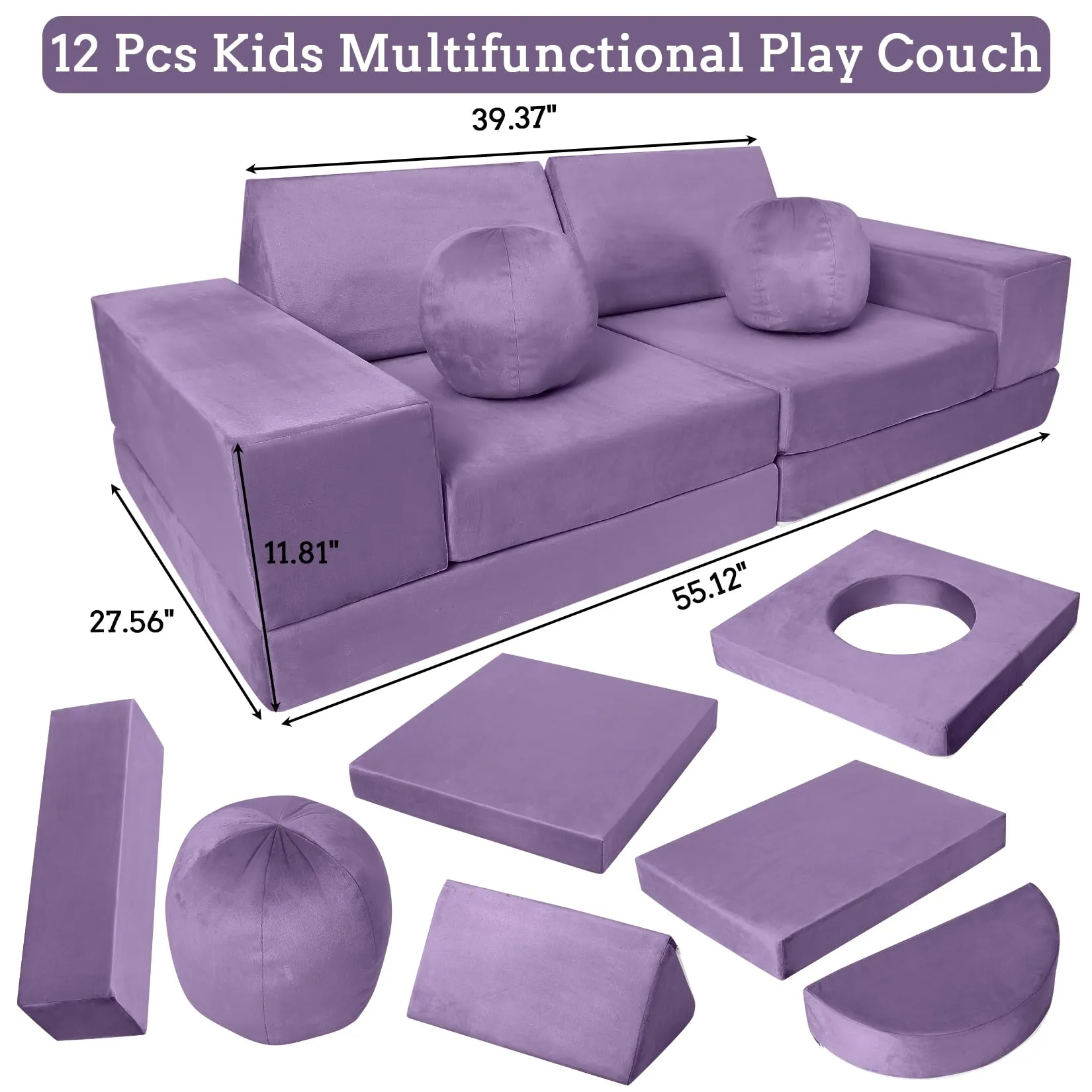 GARVEE Kids Couch, 12 Pcs Nugget Couch Kids Sofa for Playroom, Toddler Sofa Moudlar Kids Play Couch, Child Sectional Sofa Convertible Foam Couch for Boys and Girls, Purple