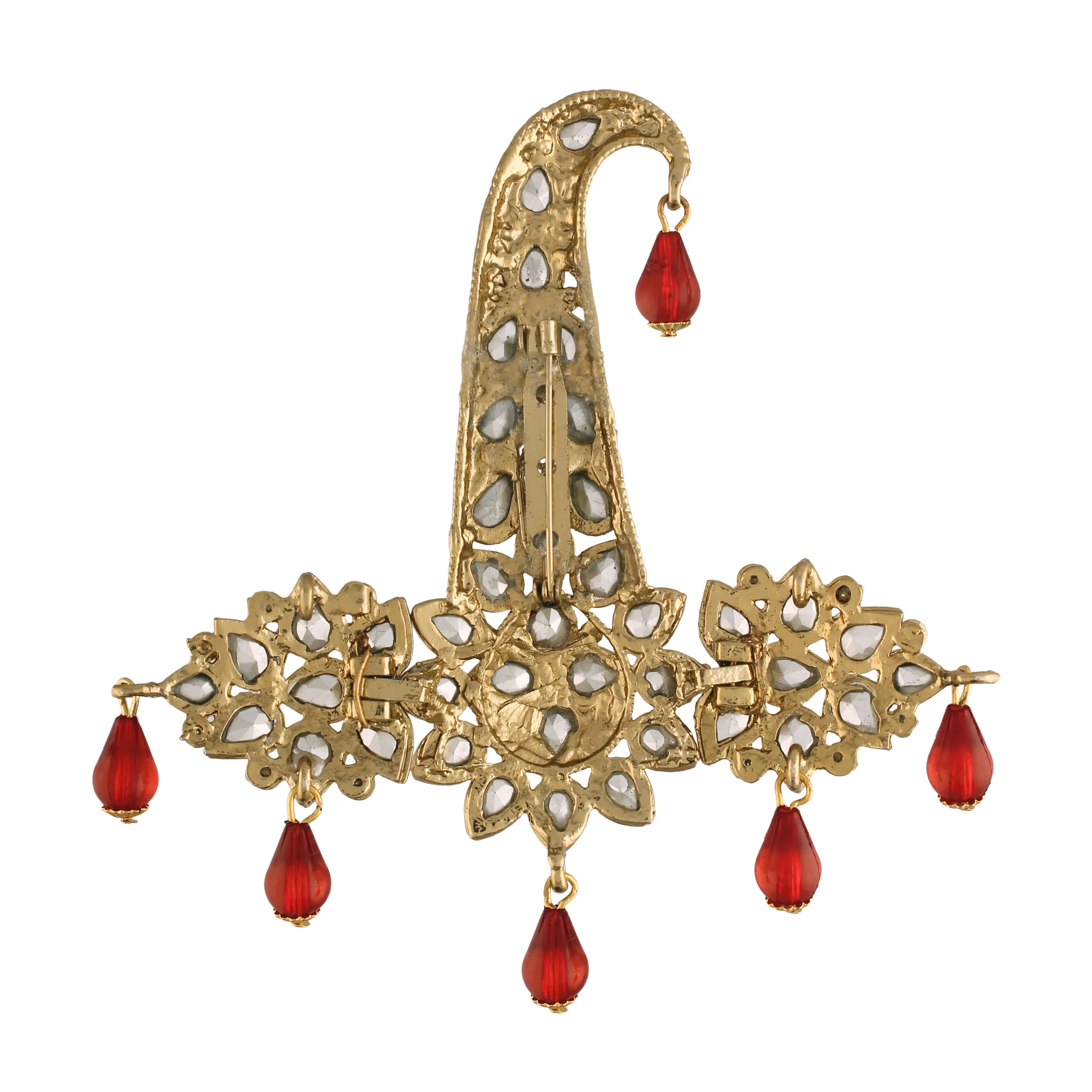 Gold Plated Traditional Stone Pearl Drop Safa Kalangi Brooch for Groom/Men/Dulha Pagadi