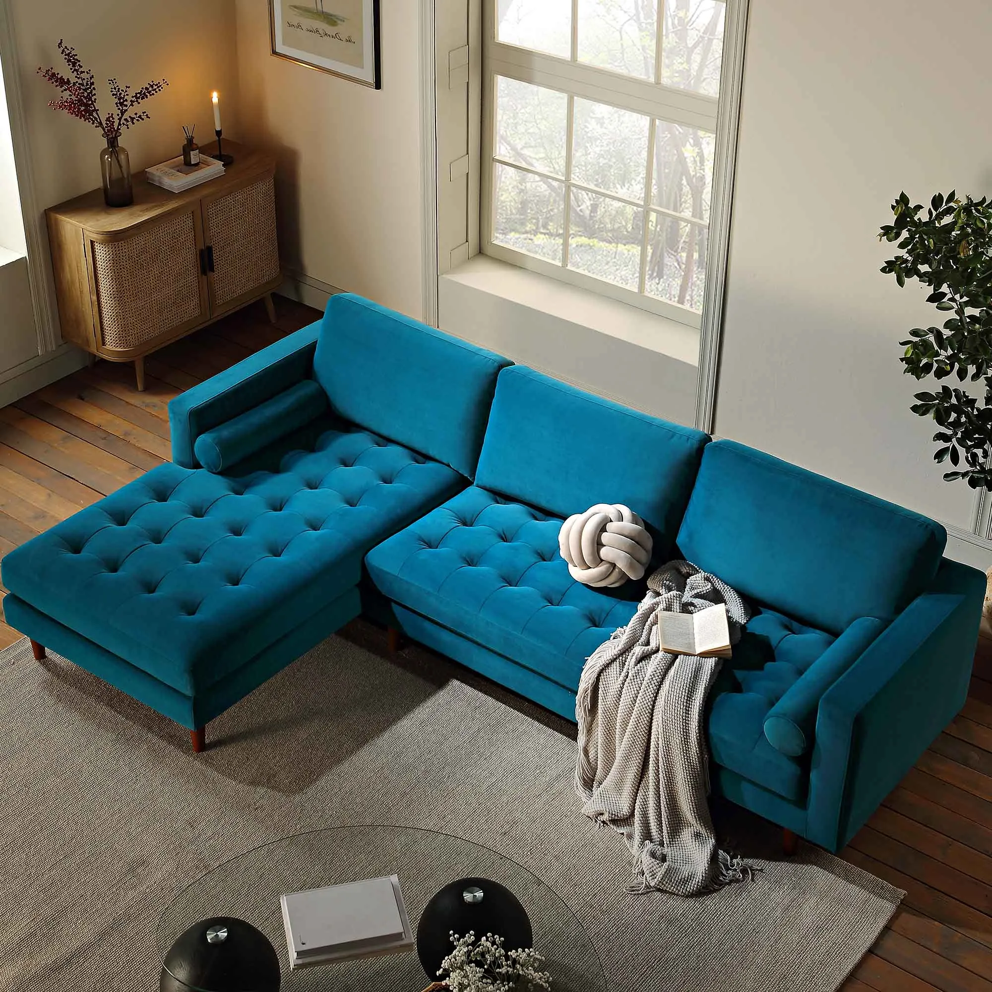 Henrietta Grand 4-Seater LHF Chaise End Sofa, Teal Velvet