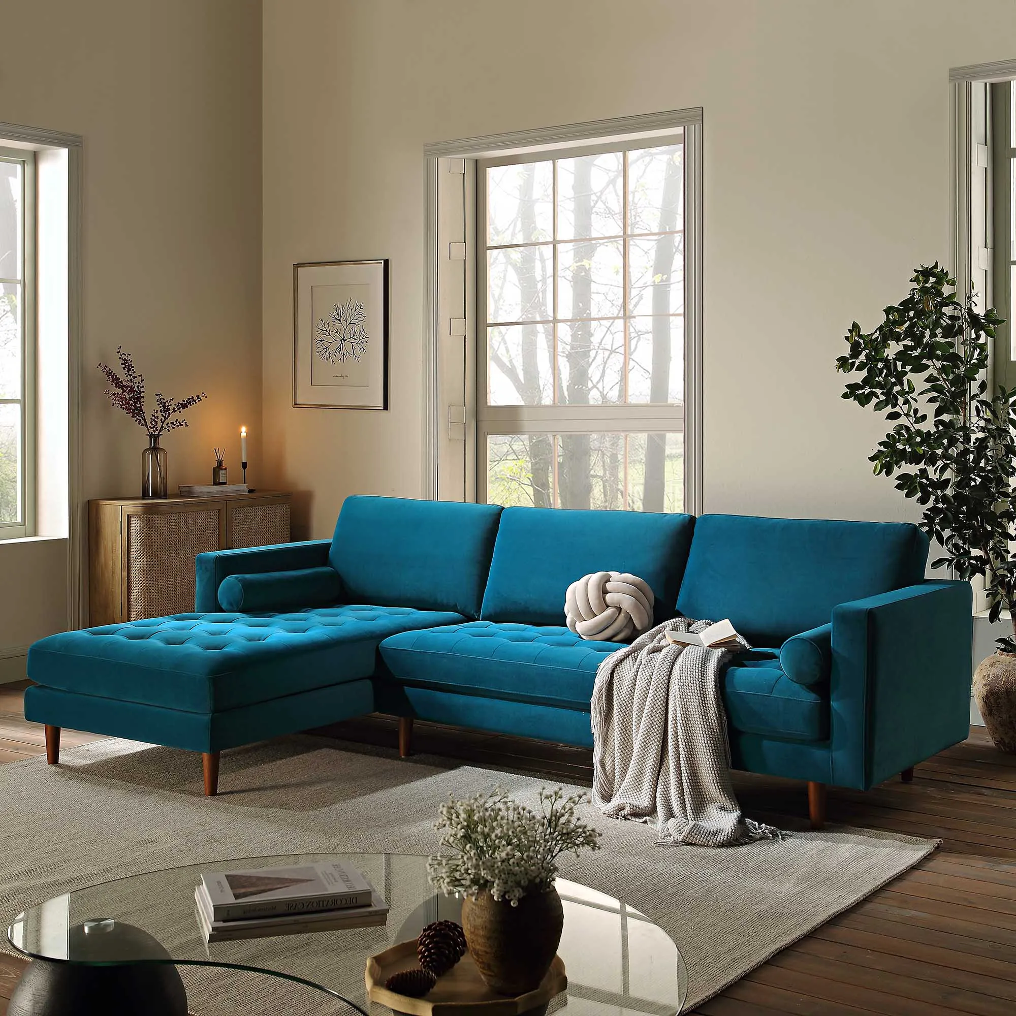 Henrietta Grand 4-Seater LHF Chaise End Sofa, Teal Velvet