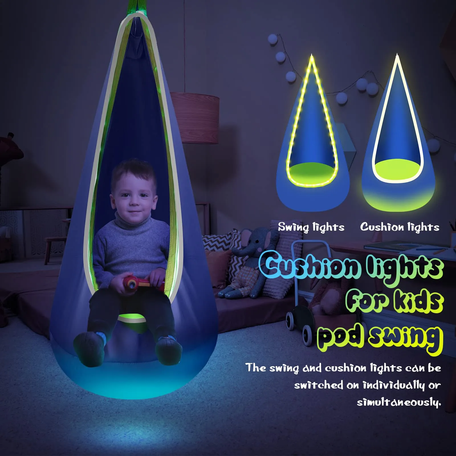 LFSMVT Light Up Kids Pod Swing Seat, Kids Hanging Hammock Swing with LED Lights, Sensory Pod Swing Chair with Inflatable Pillow & All Accessories, Pod Swing for Kids Indoor & Outdoor (1 PCS) (Blue)