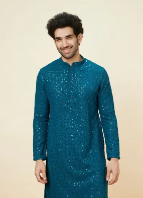 Manyawar Teal Blue Geometric Chikankari Kurta Set