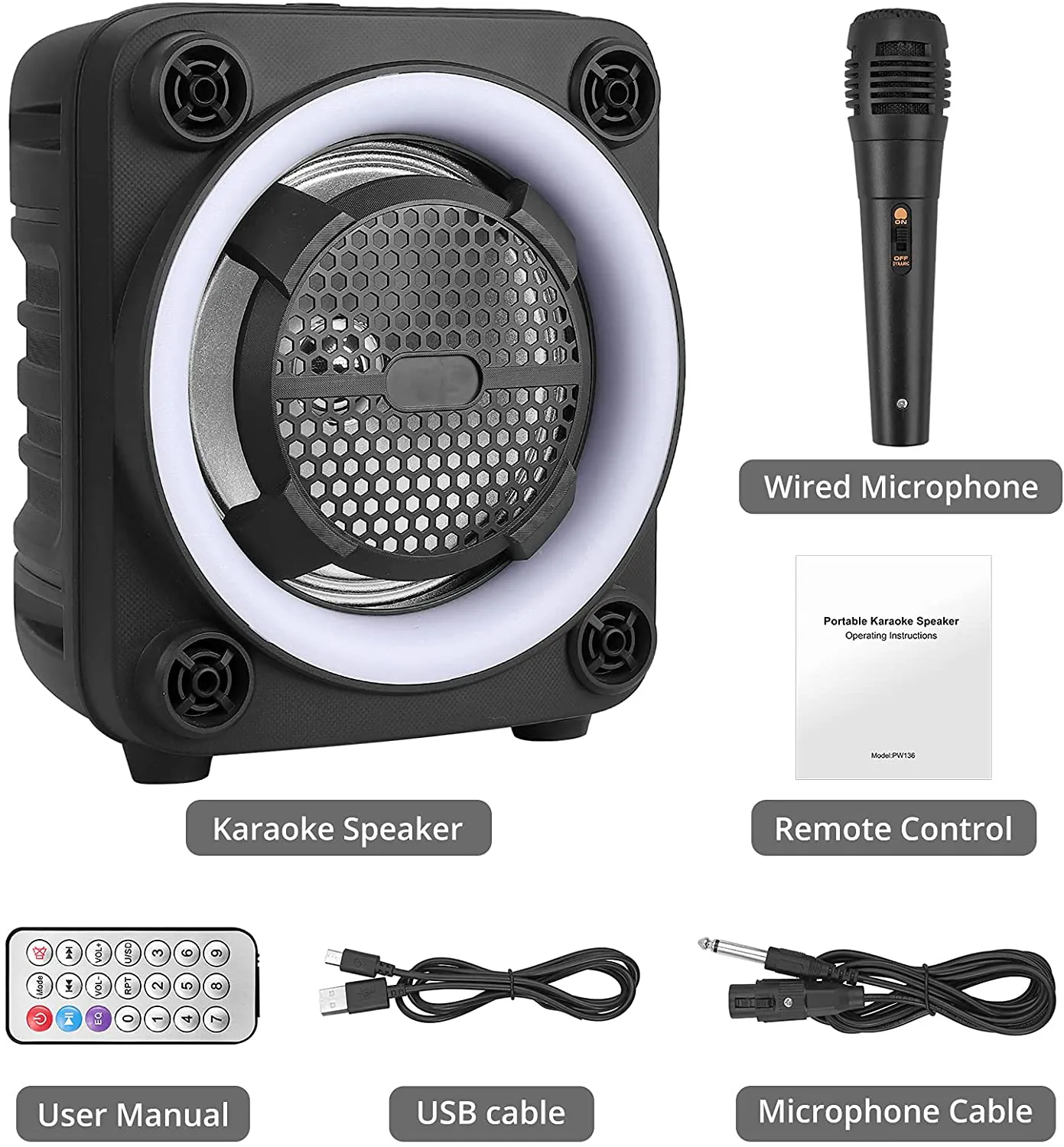 PROZOR 8 Inch Portable Karaoke Machine for Kids & Adults, Portable PA System Rechargeable Wireless Bluetooth Speaker with Wired Microphone & Lights & FM Radio for Party, Wedding