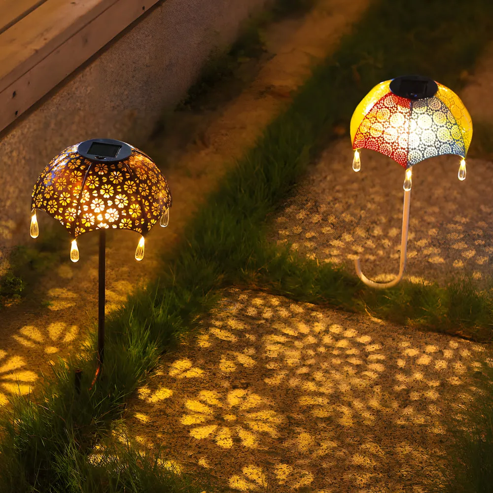 Retro Iron Hollow Umbrella Raindrops Waterproof Modern Solar Lawn Lights