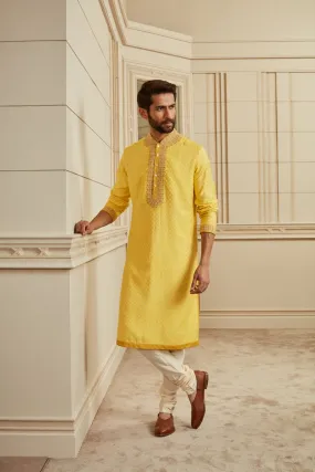 Tasva Yellow Textured Jacquard Kurta Set