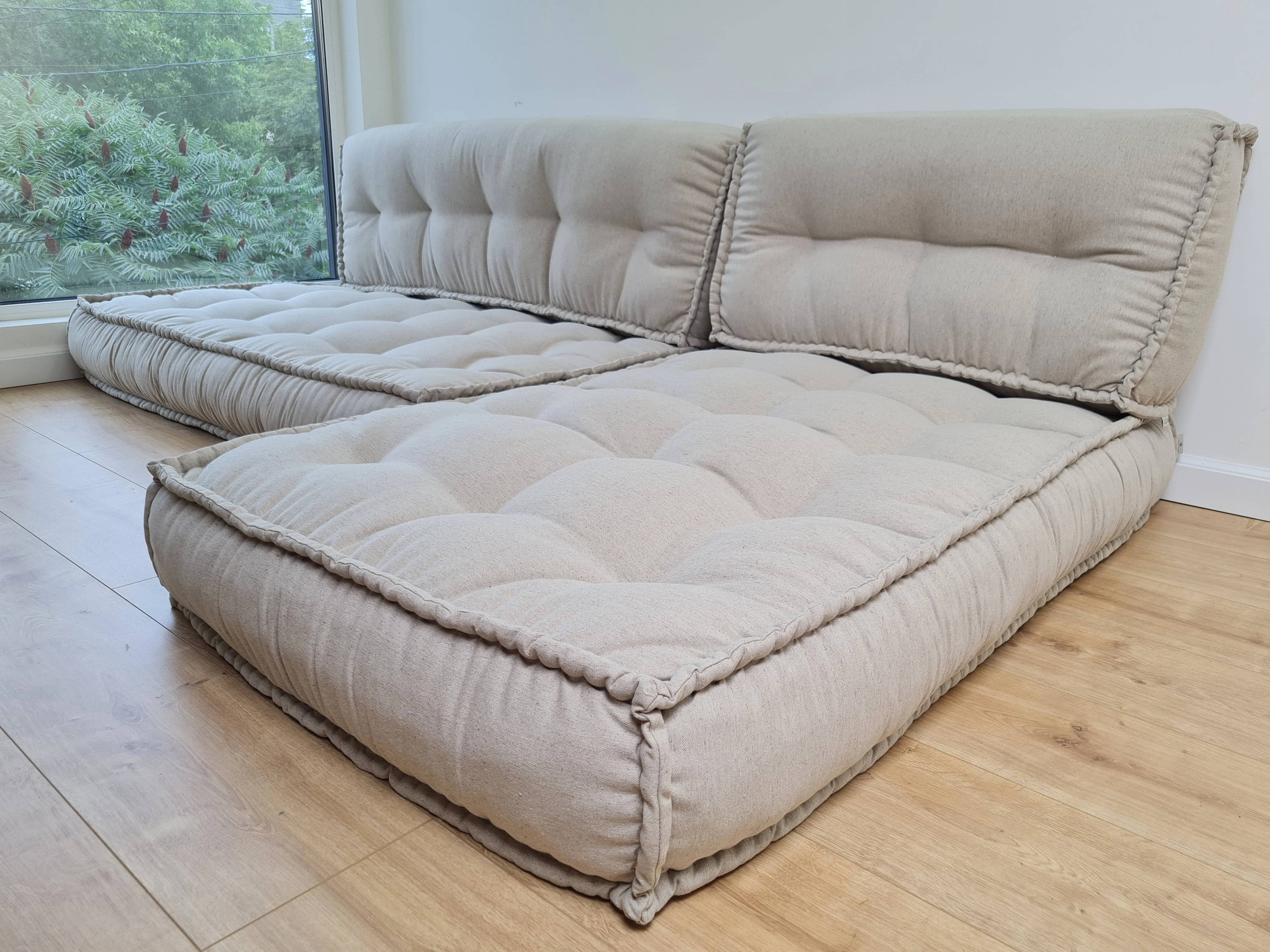 Unique Set of Hemp floor cushions: two 49x29x7.8, plus back cushions of 49x16x7.8 and 29x16x7.8 with organic hemp fiber filling