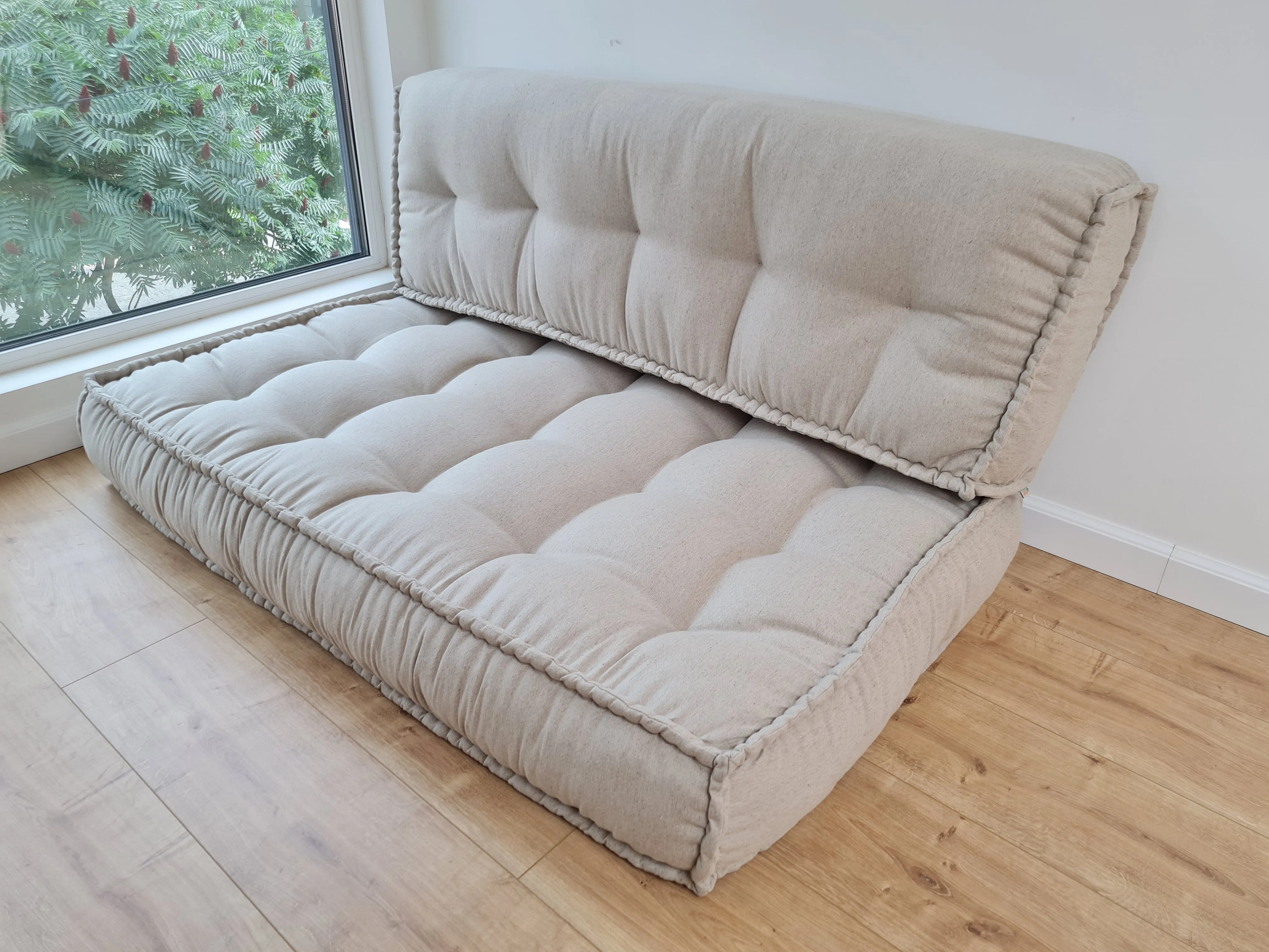 Unique Set of Hemp floor cushions: two 49x29x7.8, plus back cushions of 49x16x7.8 and 29x16x7.8 with organic hemp fiber filling