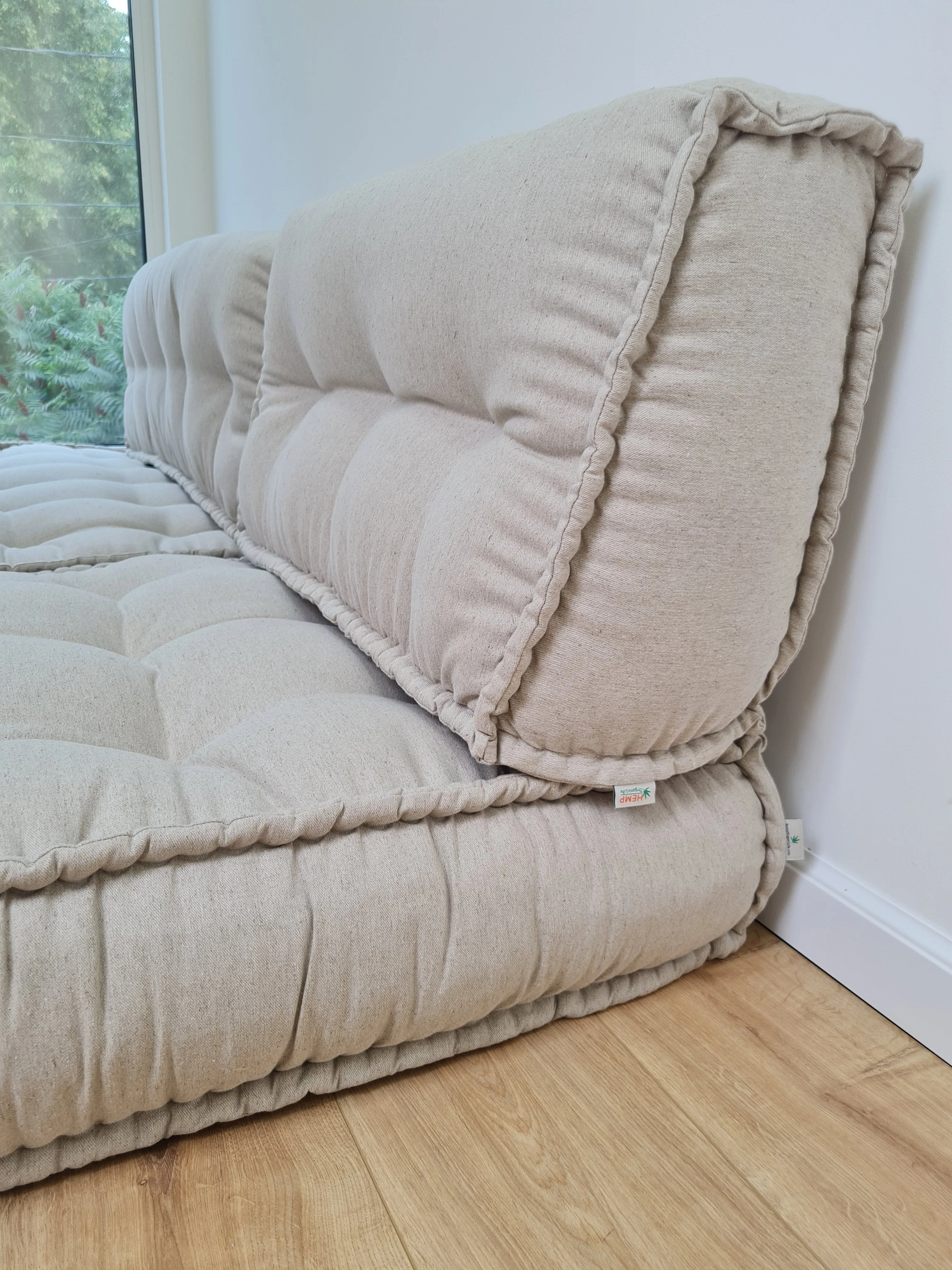 Unique Set of Hemp floor cushions: two 49x29x7.8, plus back cushions of 49x16x7.8 and 29x16x7.8 with organic hemp fiber filling