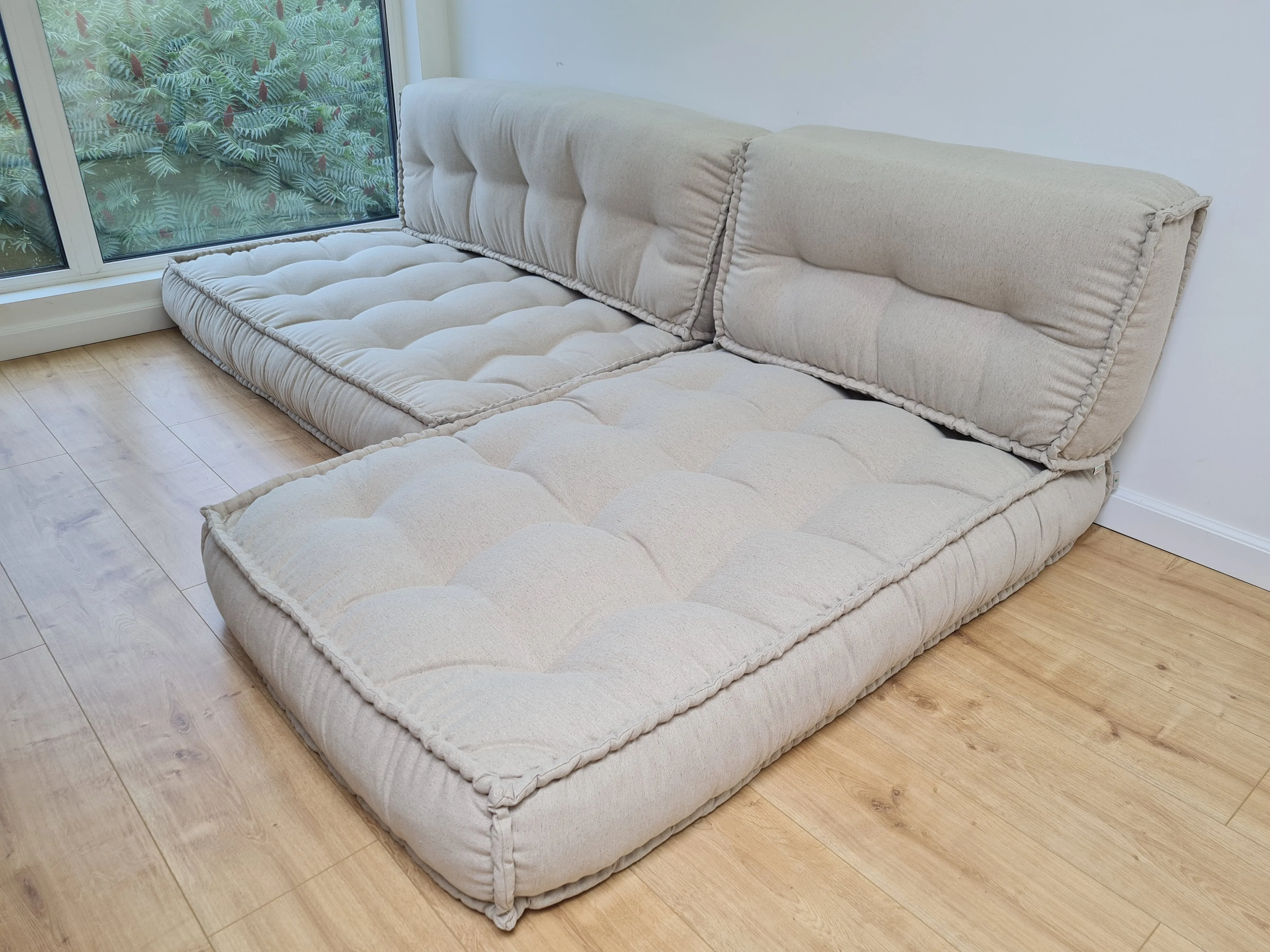 Unique Set of Hemp floor cushions: two 49x29x7.8, plus back cushions of 49x16x7.8 and 29x16x7.8 with organic hemp fiber filling