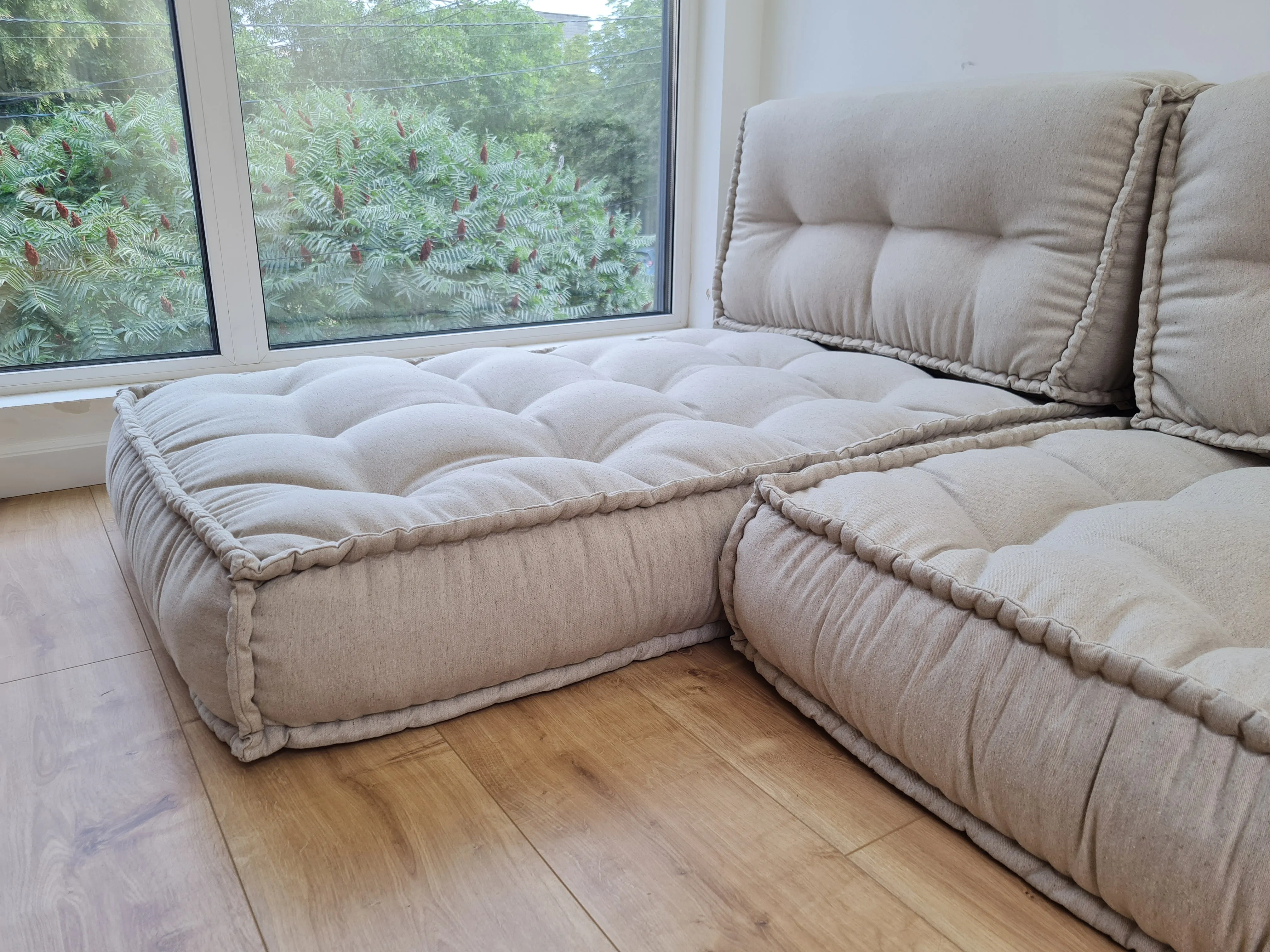 Unique Set of Hemp floor cushions: two 49x29x7.8, plus back cushions of 49x16x7.8 and 29x16x7.8 with organic hemp fiber filling