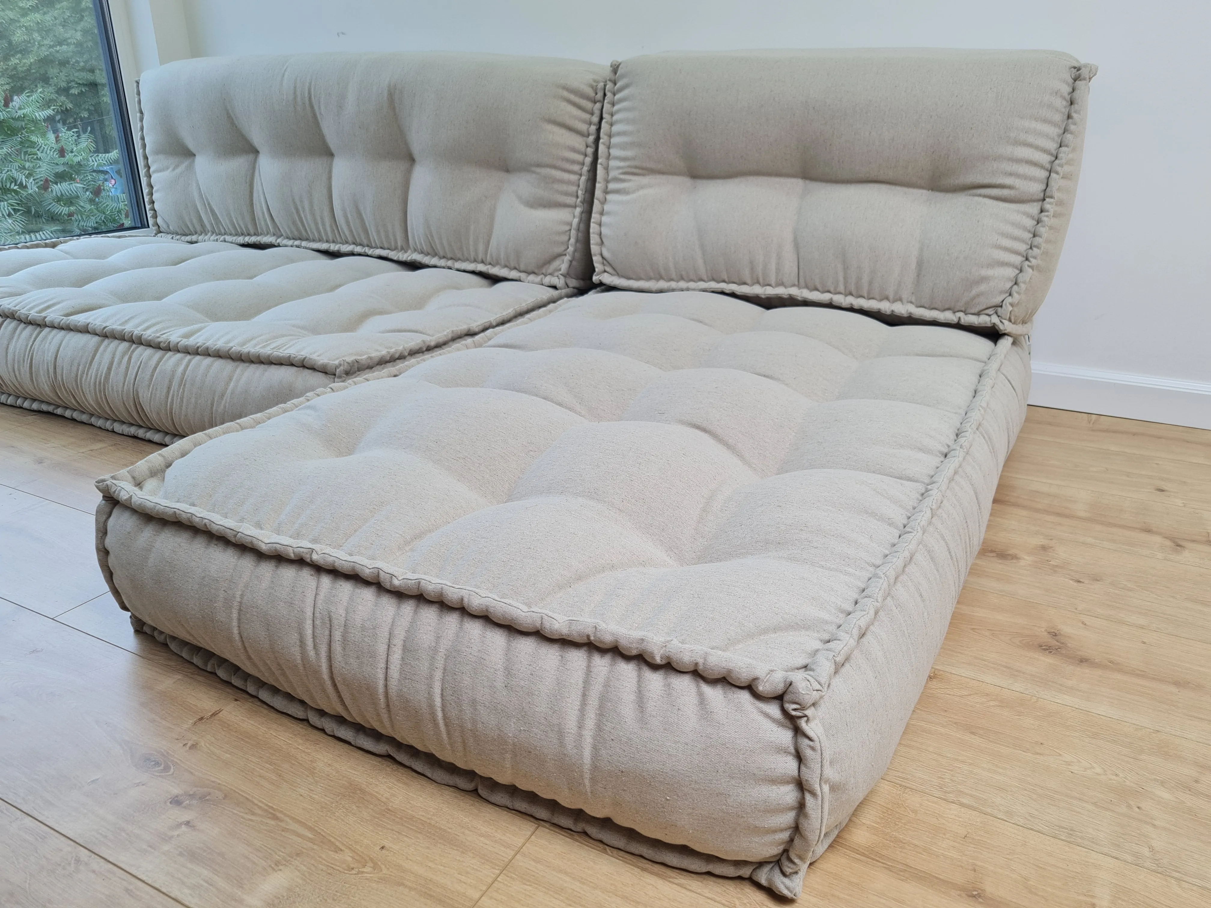 Unique Set of Hemp floor cushions: two 49x29x7.8, plus back cushions of 49x16x7.8 and 29x16x7.8 with organic hemp fiber filling