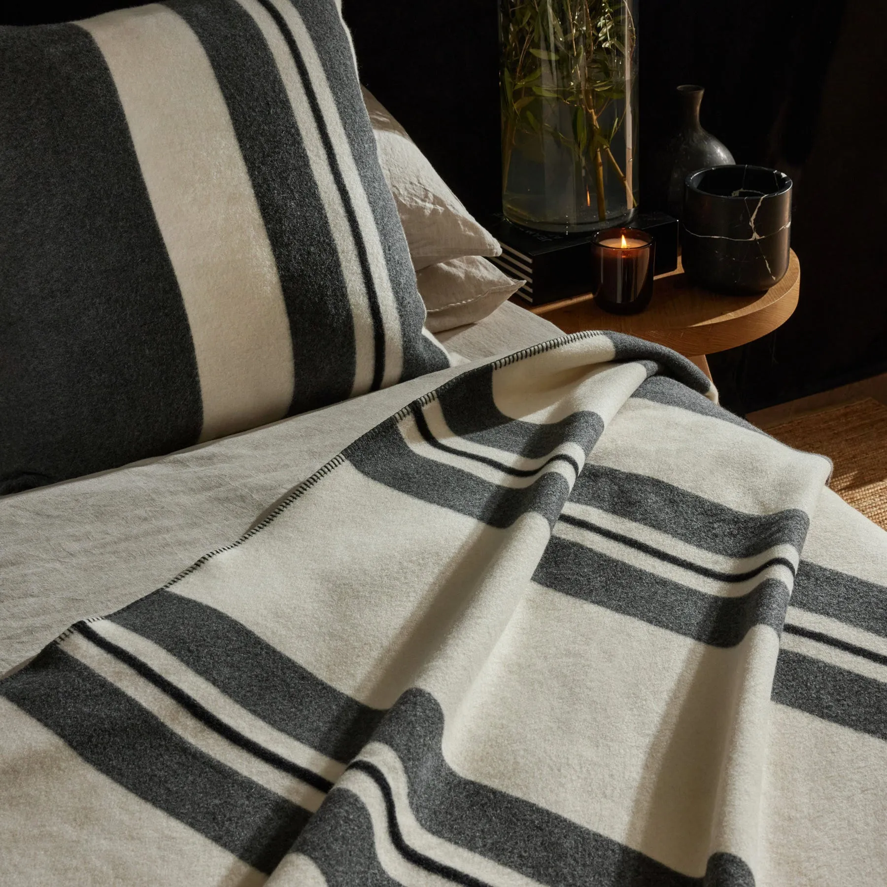 Wool Cashmere Stripe Blanket - Ivory/Charcoal/Black