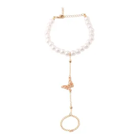 Yellow Chimes Hand Chain For Women Gold Plated Pearl Butterfly Charm Hand Chain Ring For Women and Girls