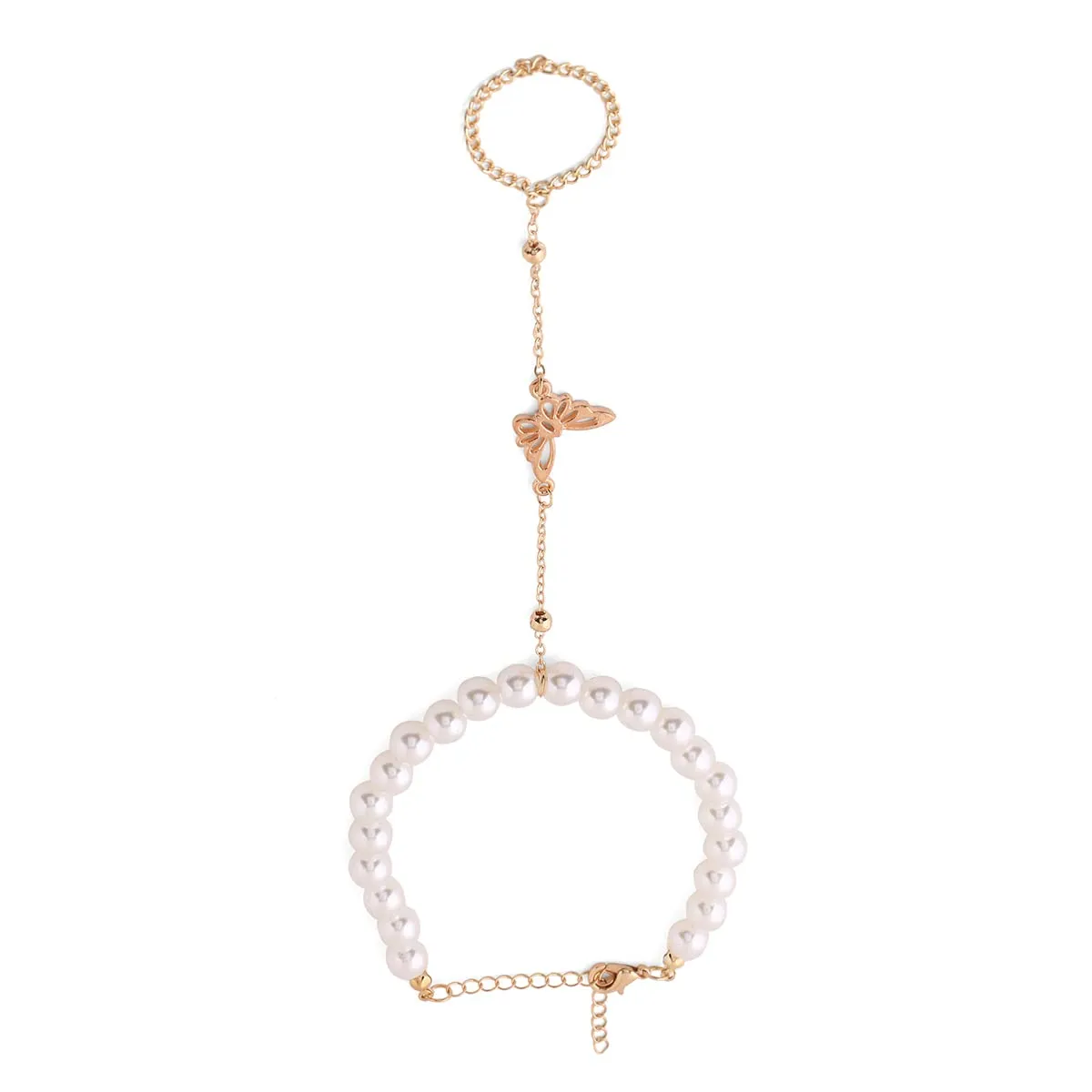 Yellow Chimes Hand Chain For Women Gold Plated Pearl Butterfly Charm Hand Chain Ring For Women and Girls