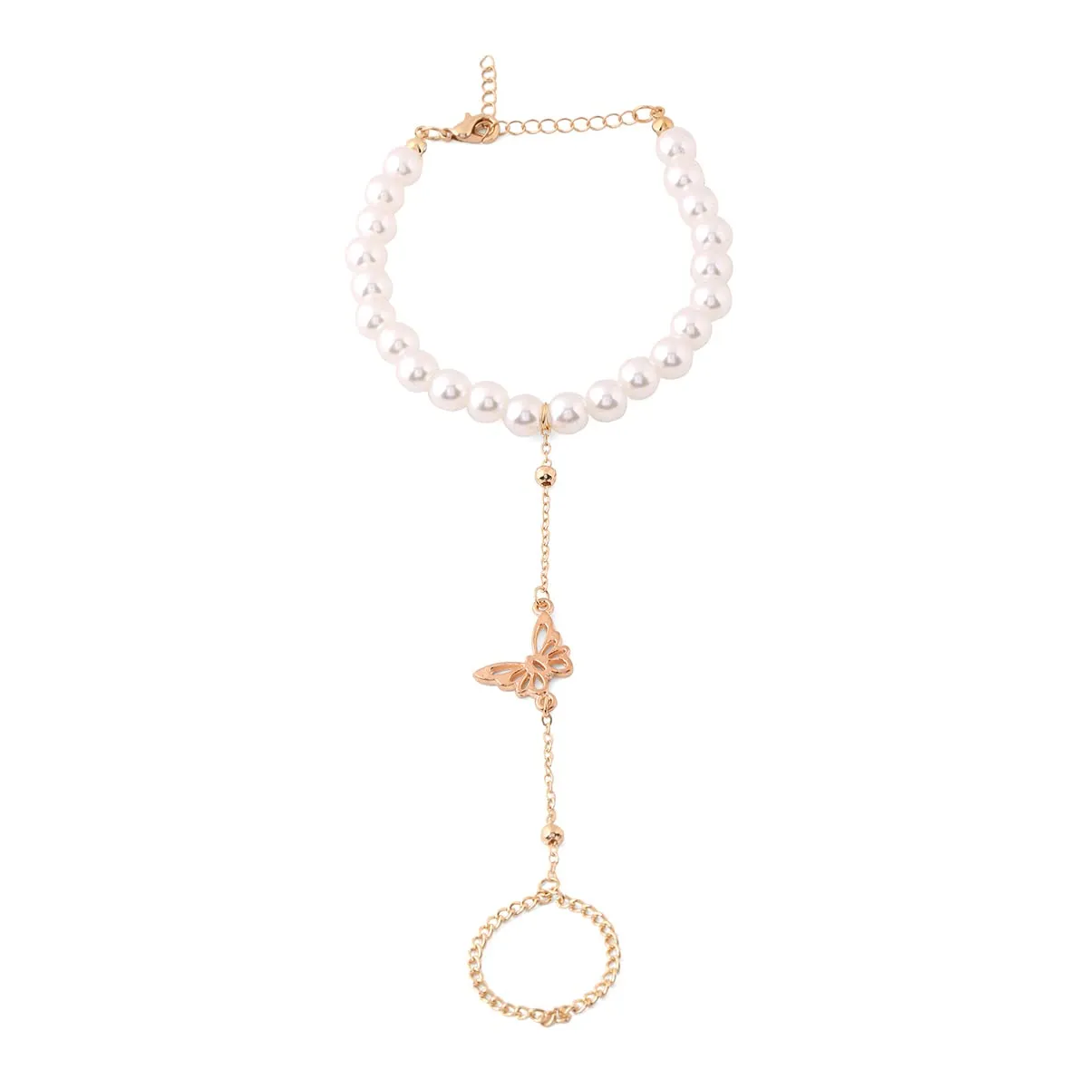 Yellow Chimes Hand Chain For Women Gold Plated Pearl Butterfly Charm Hand Chain Ring For Women and Girls